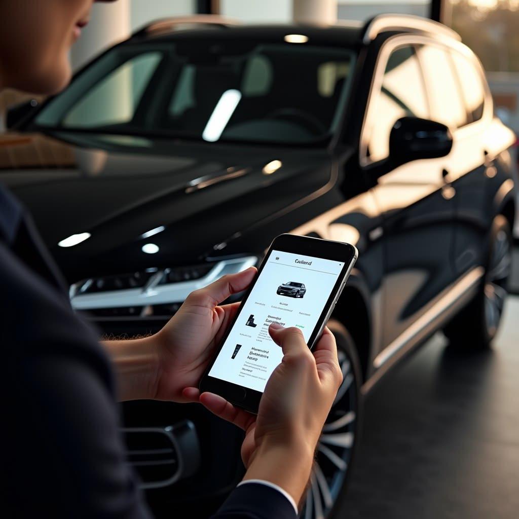 A customer booking GERAZ service on the app, beside their car